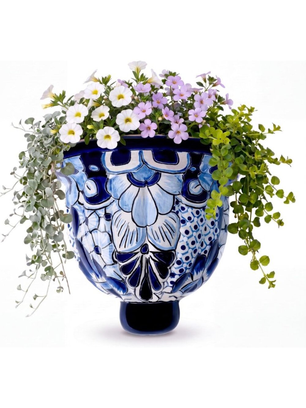 Handmade Large Mexican Wall Planter - Blue & White Ceramic Hanging Pot
